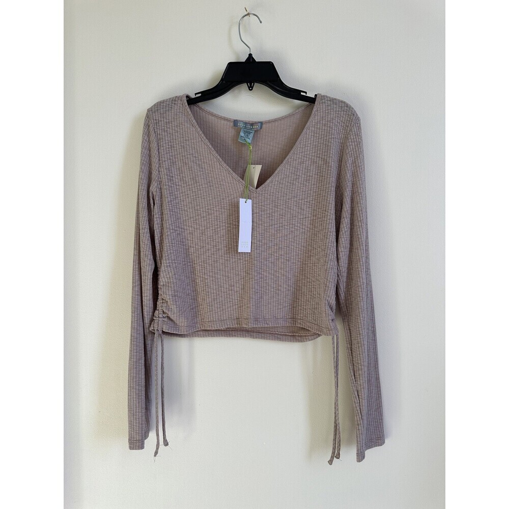 Good Luck Gem Women's Side Tie Long Sleeve Ribbed Crop Top In Mocha Size XL